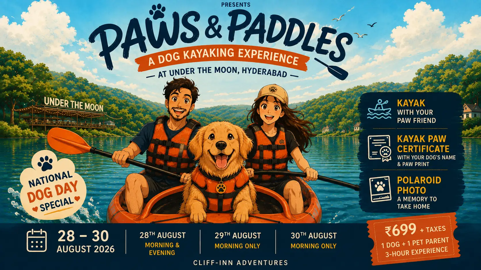 Paws & Paddles dog kayaking experience with two paddlers and a golden retriever at Under The Moon, Hyderabad